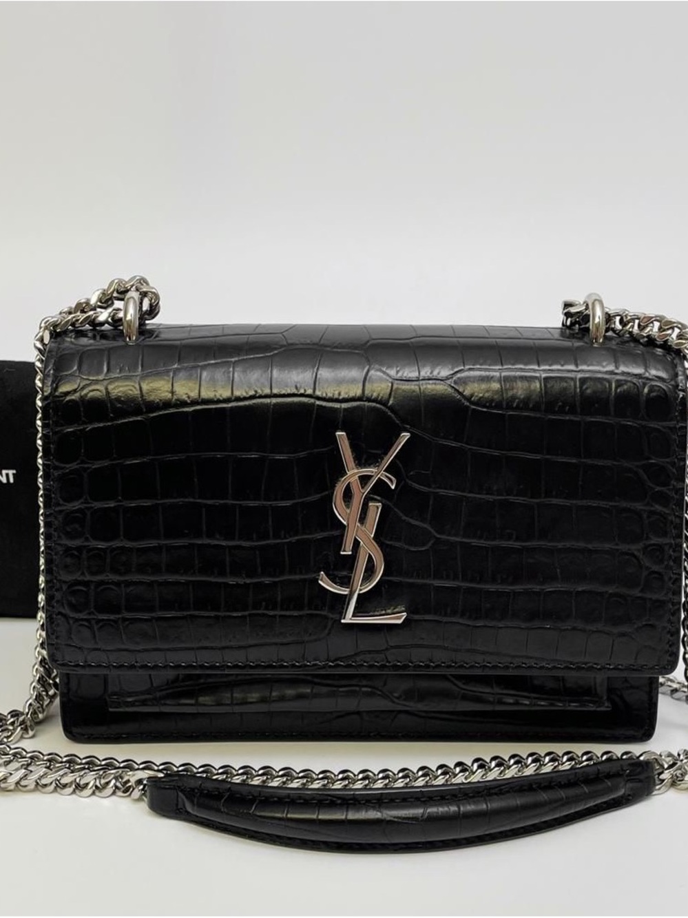 Saint Laurent Black Croc-Embossed Chain Crossbody Bag with Silver YSL Logo - Picture 1 of 6